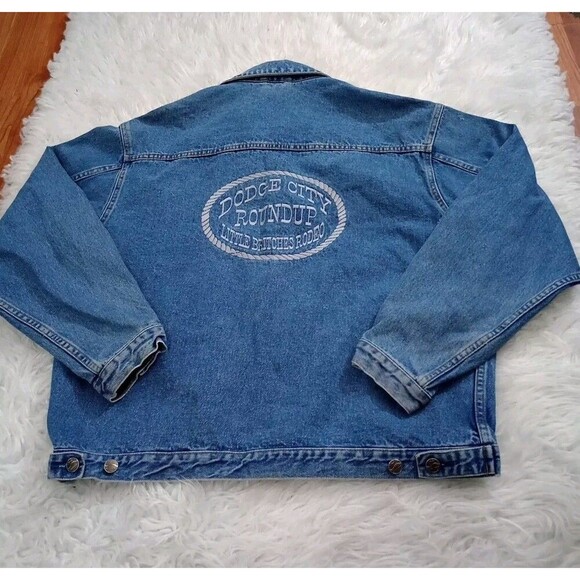 Port Authority Denim Jacket Size L Made in USA Embroidered Dodge City Roundup - Picture 8 of 10